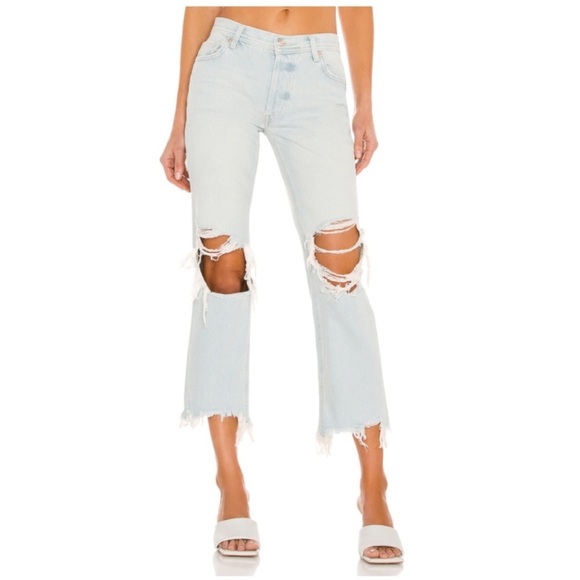 Free People Busted Knee Fringe Hem Light Wash High Rise Straight Cropped Jeans - Picture 1 of 14